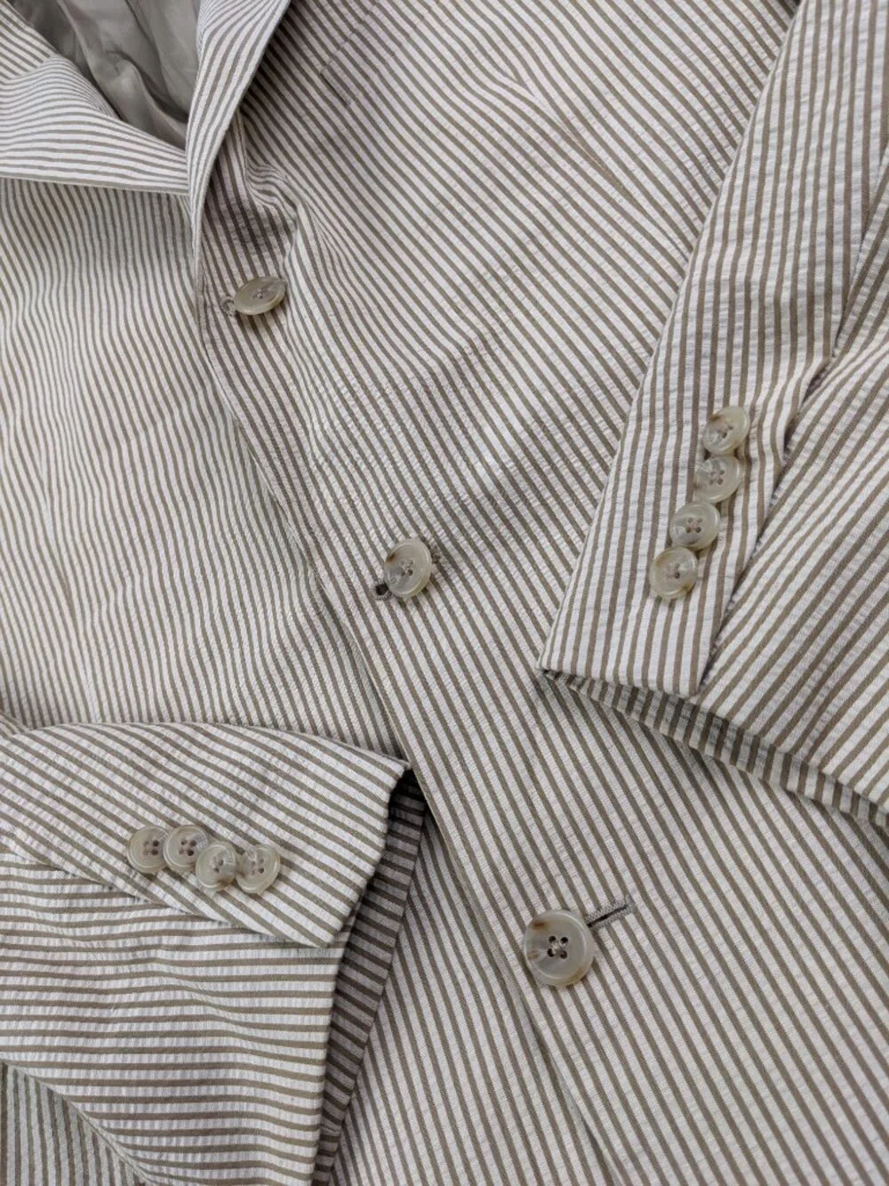 Brooks Brothers Seersucker 2 PC Suit 44L Cotton Striped Beige Tan 36x29 USA Made